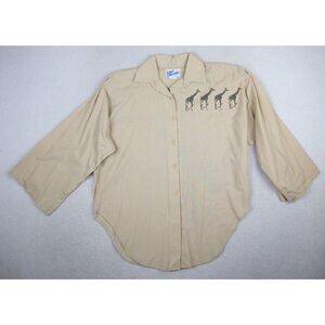 VINTAGE WOMEN'S BEIGE GIRAFFE PRINT 3/4 SLEEVE BUTTON-UP TOP - CINDY COLLINS - S